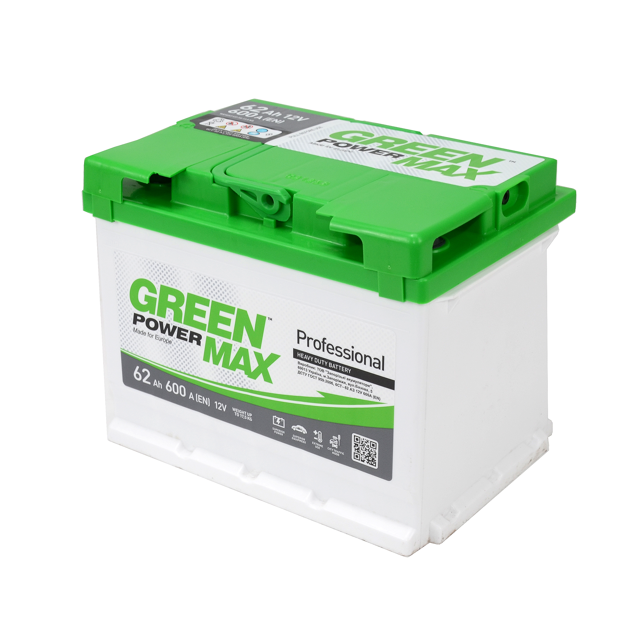 Акумулятор 62 А/год + лівий 600 А Max Green Power